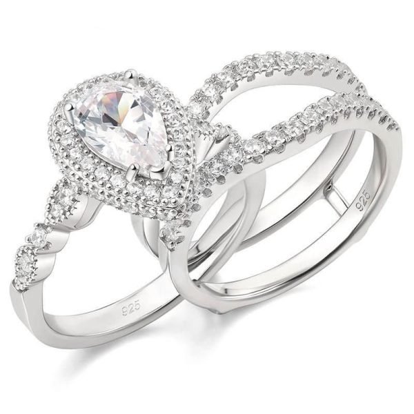 Sterling Silver Pear Cut Zircon Engagement Ring Set