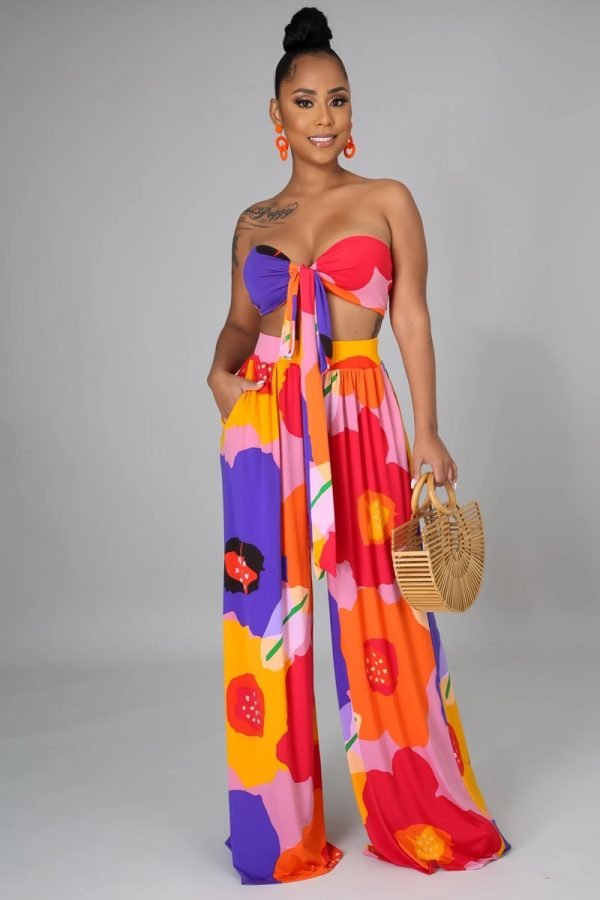 Dashiki Women African Clothes for Women Floral Printing Long Dress New Casual Elegant Tube Top Pants V-Neck Women's 2-Piece