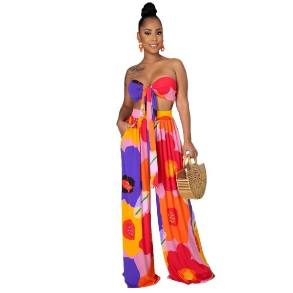 Dashiki Women African Clothes for Women Floral Printing Long Dress New Casual Elegant Tube Top Pants V-Neck Women's 2-Piece