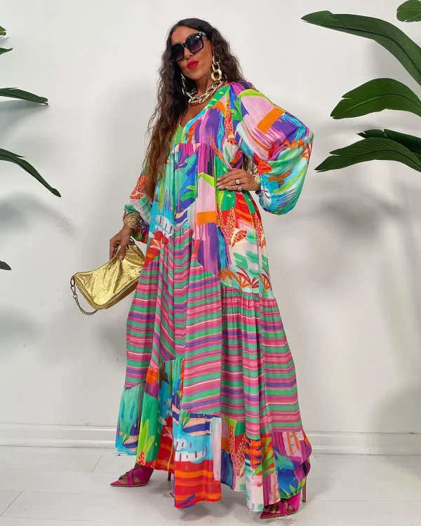 African Women Long Sleeve V-neck Printing Long Dress Maxi Dress Dashiki African Dresses for Women XS-3XL