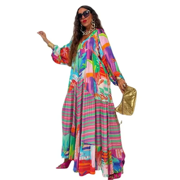 African Women Long Sleeve V-neck Printing Long Dress Maxi Dress Dashiki African Dresses for Women XS-3XL