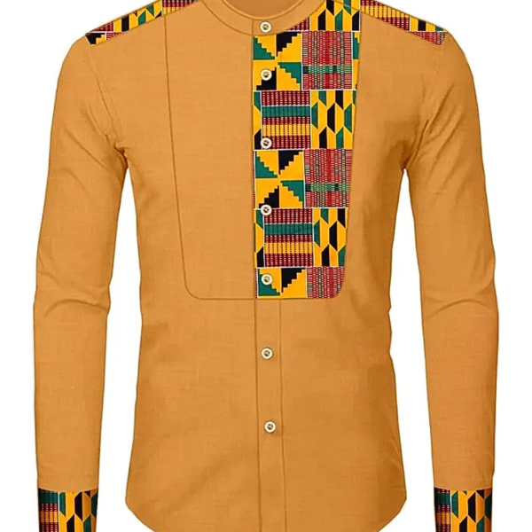 African for Men Dashiki Traditional Kente Pattern Printed Long Sleeve Casual Top Shirt