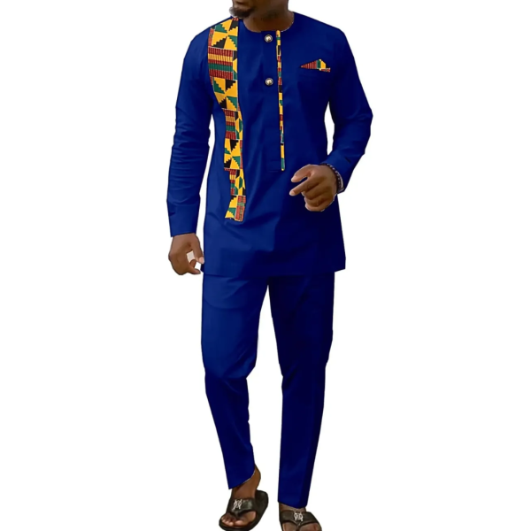 African for Men Kente Print Suit Dashiki Outfits Shirt and Pants Traditional Casual 2 Piece Sets