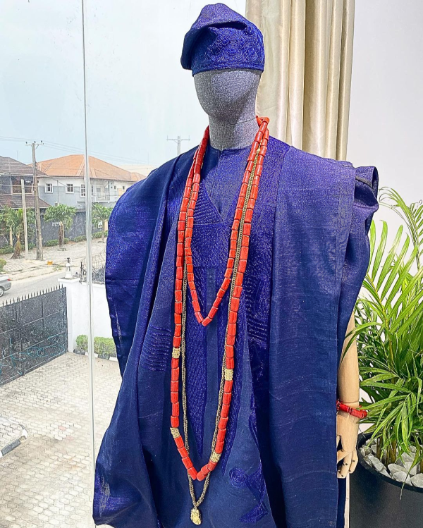 A Yoruba navy blue aso-oke Wedding Traditional Agbada