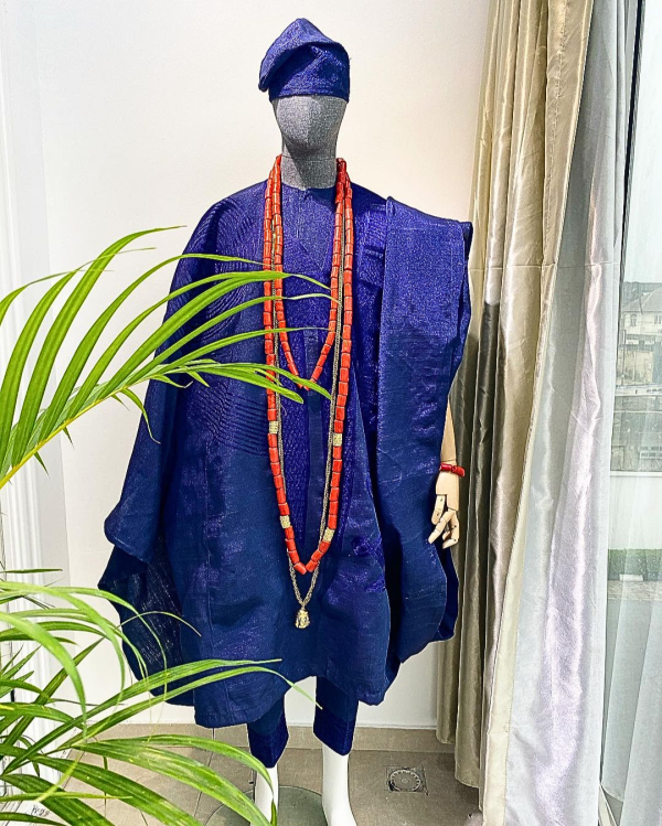 A Yoruba navy blue aso-oke Wedding Traditional Agbada