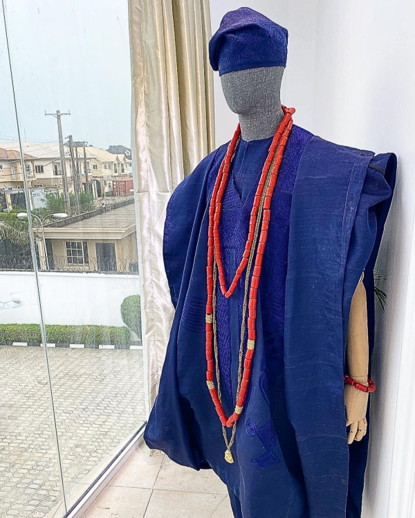 A Yoruba navy blue aso-oke Wedding Traditional Agbada