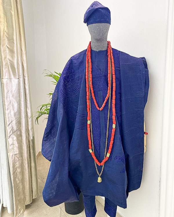 A Yoruba navy blue aso-oke Wedding Traditional Agbada