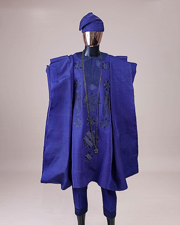A Navy blue aso-oke, spiral embroidery detailing agbada