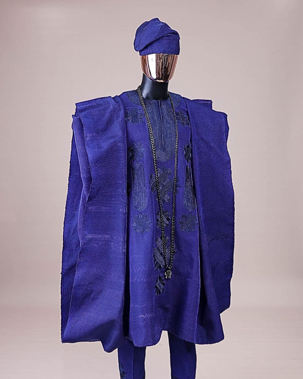 A Navy blue aso-oke, spiral embroidery detailing agbada