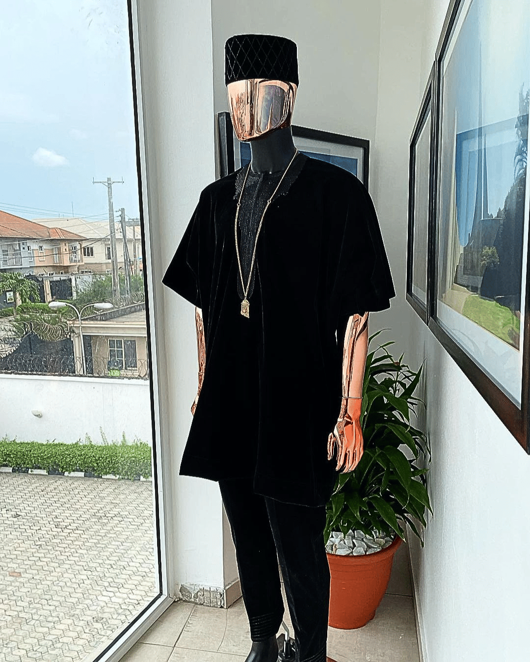 A charcoal black daftan from soaked Italian velvet fabric with a cross section matching marked hat