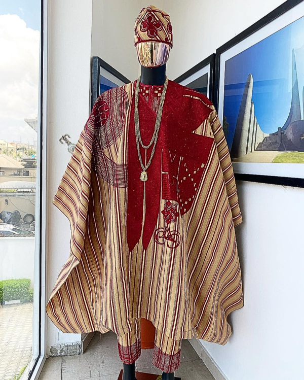 A Stripe champagne gold, cream, burgundy, aso oke regal agbada