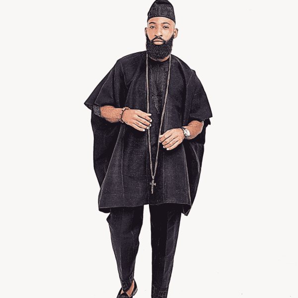 A Charcoal Black Aso Oke Dashik, Hand Swarovski Crystal Design Hat