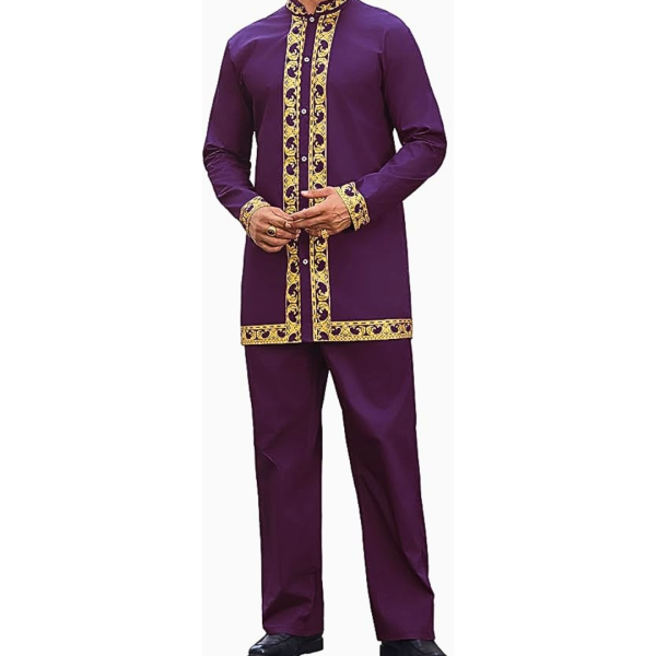 Men's African 2 Piece Set Luxury Traditional Suit Gold Print Dashiki Shirt and Pants Outfit