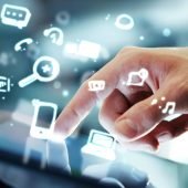 hand touching digital tablet, social media concept